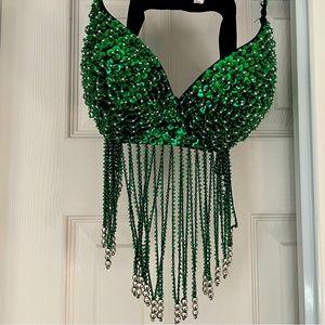 Little Mermaid Green Sequin Beaded Bustier Halter Bra Seashells Barbie Costume